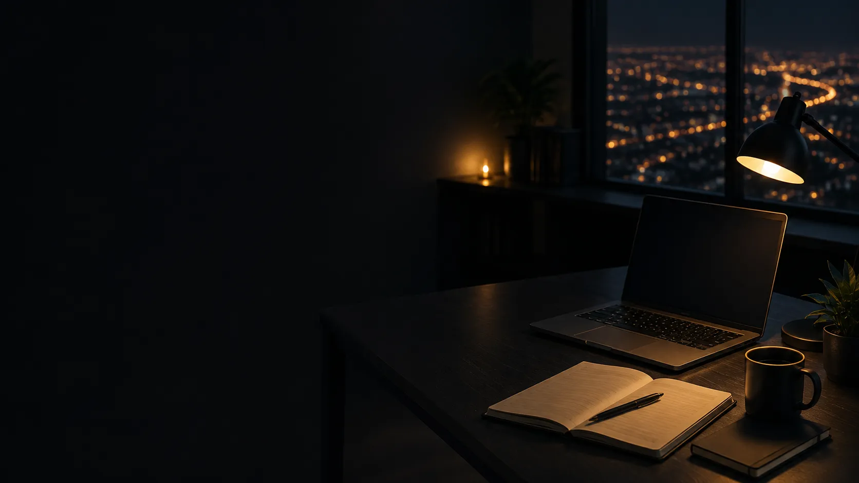 Dark developer workspace at night with warm desk lighting and city lights beyond the window
